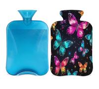 Colorful Butterfly Hot Water Bottle with Cover, Glow Animal 2L Hot Water Bag for Pain Relief, Neck Soft and Shoulder, Hand Feet Warmer, Hot and Cold Compress for Adult Kids