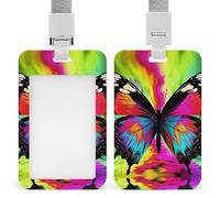 Colorful Butterfly Id Badge Holder with Lanyard, Clear Vertical Card Protector Waterproof, Breakaway Safety Neck Strap, Heavy Duty Name Tag Holder for Nurse Teacher Officer Staff Women Men