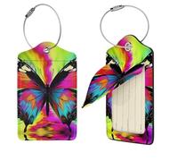 Colorful Butterfly Luggage Tags for Suitcases, 1 PU Leather Suitcase Tags Identifiers with Stainless Steel Loop, Privacy Cover ID Label with Address Card, Travel Essentials Bag Tag