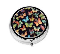 Colorful Butterfly Pattern Pill Box Metal Round Small Pill Case Cute 3 Compartment Pill Organizer Portable Travel Pillbox Mini Pill Container Holder for Daily Medicine Supplement Vitamin