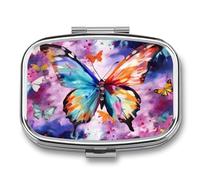 Colorful Butterfly Pill Box 2 Compartment Waterproof Pill Case with Mirror Square Container Metal Medicine Box Organizer Portable Vitamin Case for Pocket & Purse Travel