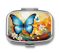Colorful Butterfly Pill Box 2 Compartments Portable Travel Pill Case Mini Medicine Organizer for Pocket Purse Metal Waterproof Medicine Container Holder Vitamin Fish Oil