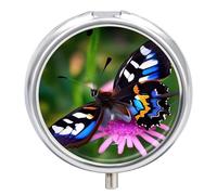 Colorful Butterfly Pill Box - 3 Compartment, Round Metal Pill Case with Mirror, Portable Medicine Holder for Purse/Wallet/Travel