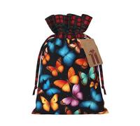 Colorful Butterfly Print Festive Plaid Gift Bag, Candy Bag, Drawstring Burlap Pouch For Holiday Presents Favor-M
