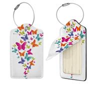 Colorful Butterfly Print Luggage Tag Leather with Stainless Steel Loop Privacy Cover Name ID Labels for Women Men