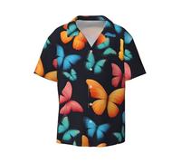 Colorful Butterfly Print Men's Short Sleeve Cuban Collar Shirt Button Down Shirts Beach Summer Wedding Shir, Black, 3XL