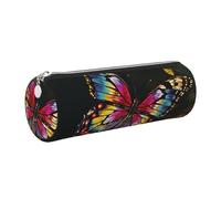 Colorful Butterfly Printed Leather Pencil Case Cute Stationery Organizer Round Makeup Bag Pen Pouch, Silver Zipper