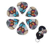 Colorful Butterfly Stone Guitar Picks 6 Pack, 0.71mm Thickness Celluloid Bass Pick with Leather Guitar Pick Holder Keychain Abstract Art Pics Plectrum for Acoustic Electric Guitar, Ukulele, Bass