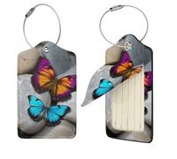 Colorful Butterfly Stone Luggage Tag 4 PCS PU Leather Suitcase Tags Identifiers Travel Tags with Privacy Protection and Stainless Steel Loop Luggage Bag Tag for Women Men