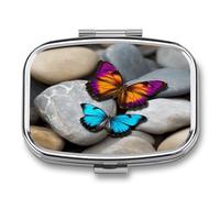 Colorful Butterfly Stone Pill Box 2 Compartment Small Square Pills Case Portable for Pocket Pill Organizer Travel Metal Pill Holder for Office Home Vitamin Medicine Fish Oil