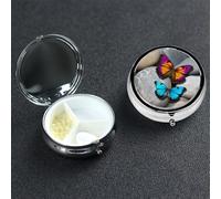 Colorful Butterfly Stone Pill Box with Mirror 3 Compartment Decorative Pill Case for Purse or Pocket Small Round Pill Organizer Weekly Metal Medicine Tablet Vitamin Holder Travel Gift