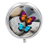 Colorful Butterfly Stone Round Pill Box with Mirror 3 Compartment Portable Pill Case for Travel Outdoor Use Cute Small Pill Organizer for Pocket Or Purse