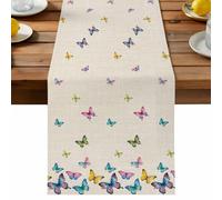 Colorful Butterfly Table Runner, Pink Blue Yellow Butterflies Country Linen Texture Cotton and Table Linen Runner for Kitchen Dining Home Decor for Party Festival Holiday Decoration Gift 13x72in