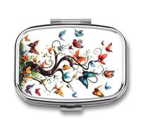 Colorful Butterfly Tree Pill Case Box with 2 Compartment Medicine Vitamin Organizer for Purse Pocket 5.5x4cm