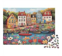 Colorful Canal Houses 1000 Pieces Jigsaw Puzzles for Adults & Children, Recycled Cardboard, Non-Reflective, Dutch Canal Houses Flowers, Stress Relief Fun, Great Gift Idea for Home Decor 52x38cm/1000pc