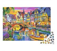 Colorful Canal Town 1000 Piece Jigsaw Puzzle Set for Puzzle Hobbyists Thick Paper Canal Town Bridge Art Home Decor Wall Art New Year Gift At-home Relaxation Jigsaw Brain Game 38x26cm/1000pcs