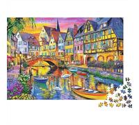Colorful Canal Town 1000 Piece Puzzle for Adults Colmar Half-timbered Houses Canal Swans Challenging Premium Thick Sturdy Vibrant Stress Relief Decor 38x26cm/1000pcs