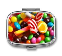 Colorful Candy Pill Box 2 Compartments Portable Travel Pill Case Mini Medicine Organizer for Pocket Purse Metal Waterproof Medicine Container Holder Vitamin Fish Oil