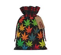 Colorful Cannabis Leaves Christmas Gift Bags with Tags & Ribbon Ties, Xmas Drawstring Candy Treat Bag Buffalo Plaid Christmas Gifts Sacks Reusable Gift Wrapping Bags for Holiday Party Favors Small