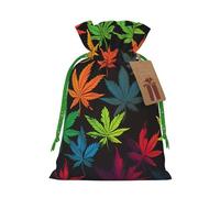 Colorful Cannabis Leaves Christmas Gift Bags with Tags & Ribbon Ties, Xmas Drawstring Candy Treat Bag Christmas Gifts Sacks Reusable Gift Wrapping Bags for Holiday Party Favors Medium