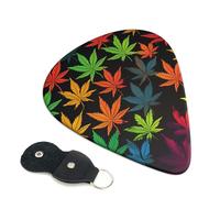 Colorful Cannabis Leaves Guitar Picks 6 Pcs, 0.71mm Thickness Celluloid Plectrum with Leather Picks Holder, Personalized Guitar Pick for Bass Electric Acoustic Guitars Lovers Gift