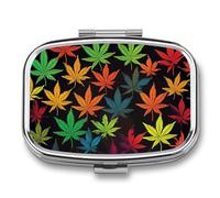 Colorful Cannabis Leaves Pill Box 2 Compartment - Small Metal Medicine Organizer Portable Pill Case for Purse Pocket Travel Vitamin Organizer for Men Women, BPA-Free