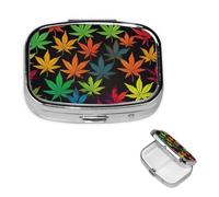 Colorful Cannabis Leaves Pill Box 2 Compartment Square Portable Pill Case for Pocket or Purse Small Weekly Medicine Planner Travel Pillbox with Mirror Decorative Metal Vitamin Holder Gifts