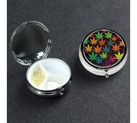 Colorful Cannabis Leaves Pill Box 3 Compartment Round Portable Pill Case for Pocket or Purse Small Weekly Medicine Planner Travel Pillbox with Mirror Decorative Metal Vitamin Holder Gifts