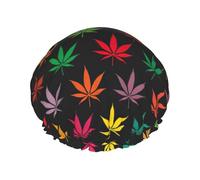 Colorful Cannabis Leaves Print Shower Caps,Double Layers water-resistanted Hair Cap with Elastic and Reusable