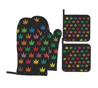 Colorful Cannabis Leaves Printing Oven Mitts And Pot Holders 4 Piece Set, Durable Heat Resistant Hot Pads For Kitchen Cooking