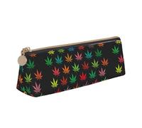 Colorful Cannabis Leaves Printing Triangular Leather Pencil Case with Zipper Pen Pouchfor Boys Girls Pupil for Work and School