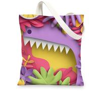 Colorful Canvas Tote Bags, Fun Dinosaur Pattern Reusable Grocery Bags, Lightweight Washable Shoulder Strap Canvas Bags for Gym Outdoor Travel Beach Picnic 13x15 Inch