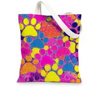 Colorful Canvas Tote Bags, Vibrant Paw Print Pattern Reusable Shopping Bags, Artistic Fun Lightweight Washable Shoulder Str, Colorful, 13x15 Inch
