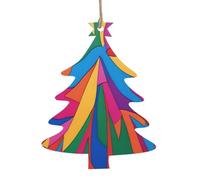 Colorful Canvas Wooden Ornament Pendant Christmas Tree Shape 6 PCS for Tree, Wall and Door Decor - Vintage Style