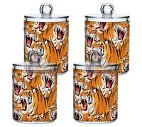 Colorful Cartoon Animal Tigers Clear Plastic storage container with lid Pantry Essentials Decorative Dental floss storage jar for Cotton Swabs,Cotton Pads,Floss Picks,Paper Clips,Hair Clips 4 Pack