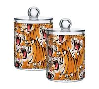Colorful Cartoon Animal Tigers Clear Plastic storage container with lid Pantry Essentials Decorative Dental floss storage jar for Cotton Swabs,Cotton Pads,Floss Picks,Paper Clips,Hair Clips 2 Pack