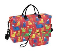 Colorful Cartoon Cats Red Duffel Bags Weekend Bag Gym Bag with Toiletry Bag for Business Trips 2 Pcs Set