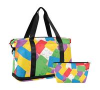 Colorful Cartoon Cute Building Block Carry on Bag with Wet Pocket Adjustable Strap Gym Duffel Bag for Trekking Foldable for Men Women
