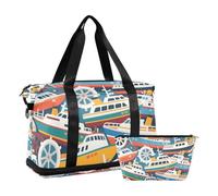 Colorful Cartoon Cute Steamship Duffel Bags with Wet Pocket Adjustable Strap Travel Tote Gym Bag for Workout 2 Pcs Set for Men Women