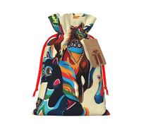 colorful cartoon Horse Printed Christmas Drawstring Bags for Christmas Party Xmas Gift Wrapping, Red Ribbon, S
