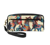 Colorful Cartoon Horse Printed Leather Makeup Bags with Wrist Strap Portable Travel Toiletry Bag Cosmetic Organizer Bag for Women