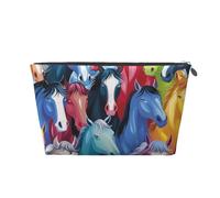 Colorful Cartoon Horses Print Makeup Bag, Small Travel Cosmetic Bag Toiletry Bag Portable Makeup Pouch with Silver Zipper for Women Girls