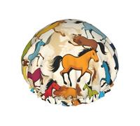 Colorful Cartoon Horses Printed Large Shower Cap, Double Layer Hair Protector For Facial Care, Reusable Hair Wrap
