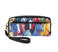 Colorful Cartoon Horses Printed Leather Makeup Bags with Wrist Strap Portable Travel Toiletry Bag Cosmetic Organizer Bag for Women