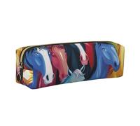 Colorful Cartoon Horses Printed Leather Pencil Case Cute Stationery Organizer Simple Makeup Bag Pen Pouch, Gold Zipper