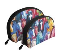 Colorful Cartoon Horses Printed Makeup Bags 2-Piece Portable Shell Travel Toiletry Bag Cosmetic Organizer Bag for Women