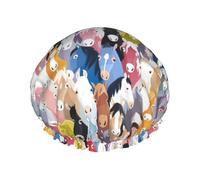 Colorful Cartoon Horses Printed Shower Cap, Double Layer Hair Cover For Bathing, Reusable Headgear For Long Hair