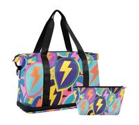 Colorful Cartoon Lightning Overnight Travel Duffel Bag with Wet Pocket Adjustable Strap Gym Tote Bag for Trekking 2 Pcs Set for Men Women