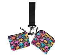 Colorful Cartoon Skulls Women's Coin Purses Card Cases Slim Detachable Women Credit Card Case Coin Purse with Zipper Pocket for Work Travel 2 Pcs, colorful cartoon skulls, One Size, Casual