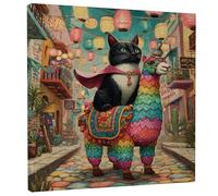 Colorful Cat and Llama Canvas Wall Art, Vibrant Cat Riding Rainbow Llama Poster, Fanciful Art Decor for Living Room, Bedroom, Kids Room, Fun Home Aesthetic 12x12 Inch